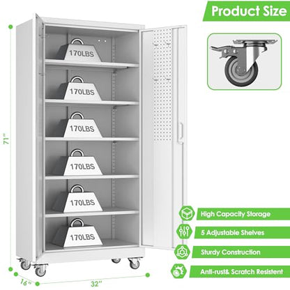Reemoon Metal Cabinet with 5 Adjustable Shelves,casters and Door pegboard - color: White, size: 16"D x 32"W x 71"H