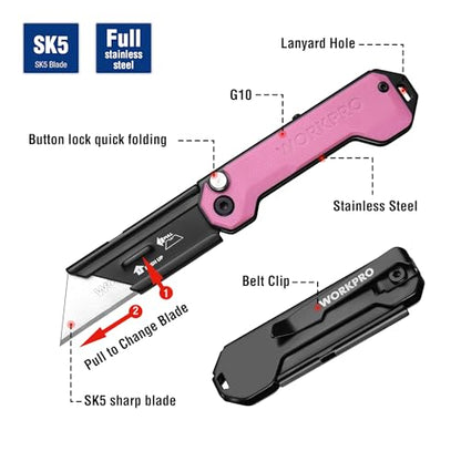 WORKPRO EDC Folding Utility Knife, Mini Box Cutter with Quick Open Axis Lock, Quick Change Blade Razor Knife, Foldable Small Pocket Knife with Belt Clip - color: Pink-g10