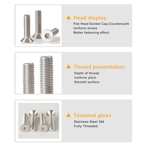 M8-1.25 x 80 mm 10PCS Flat Head Hex Socket Cap Screws, Countersunk Bolts, Stainless Steel 304, Metric Allen Drive, Fully Threaded, Bright Finish - size: M8 x 80 mm(10PCS)