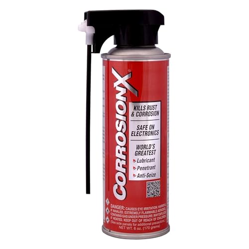 CorrosionX Rust Inhibitor, Industrial-Strength Dielectric Corrosion Prevention, Lubricant & Penetrant for Marine, Automotive, Electronics & RV Use, Protects Bolts, Cables, Engines, Parts, 6oz Aerosol - size: 6oz Aerosol