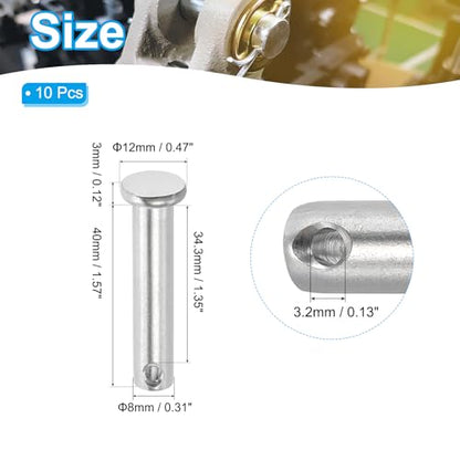 PATIKIL 8 x 40 mm Single Hole Clevis Pins, 10 Pcs 304 Stainless Steel Flat Head Pin for Hitch Pin Lock Link Hinge Systems, Silver - size: 8 x 40 x 34.3 mm