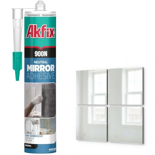 Akfix 900N Clear 100% Silicone Adhesive for Mirror (1x10.5 fl.oz.) - Solvent-Free Mirror Adhesive, Low Odor, Non-Corrosive, Durable, Fast Curing, Non-sag, Flexible Silicone Caulk | Clear, 1 Pack - size: 1 Pack, style: Mirror Adhesive-Clear