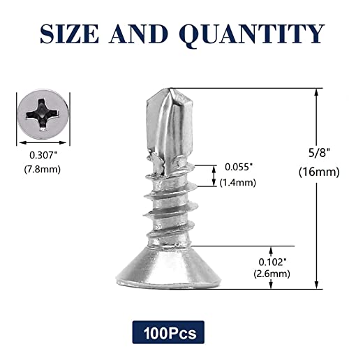#8 x 5/8" Sheet Metal Screws 100Pcs 410 Stainless Steel Flat Head Tek Screws Fast Self Tapping Screws by SG TZH - size: #8 x 5/8"