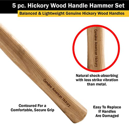 Titan 85070 5-Piece Hammer Set, Includes 16oz & 32oz Ball Pein, 16oz Rubber Mallet, 3lb Sledgehammer & 3lb Cross Pein with Hickory Wood Handles