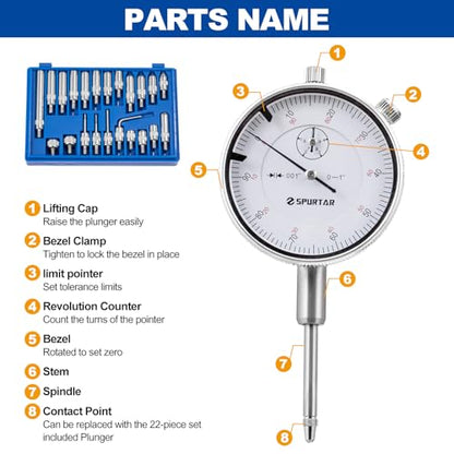 Spurtar Dial Indicator with Magnetic Base, 0-1'' Dial Test Indicator