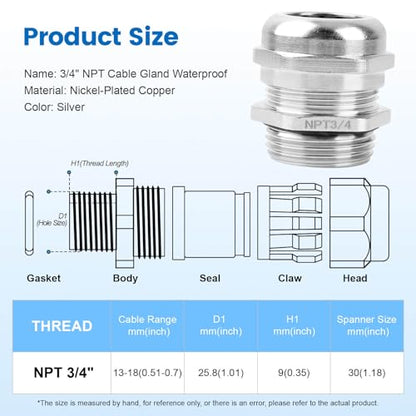 4 Pcs 3/4" NPT Nickel-Plated Copper Cable Gland - style: 3/4" NPT