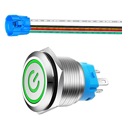 Gebildet 0.87''/22mm Stainless Steel Latching Push Button Switch SPDT 110V-220V/3A Power Symbol LED 1NO1NC ON/Off Waterproof Toggle Switch with Wire Socket Plug (Green LED) - color: green /110-220V