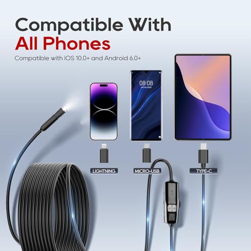 Endoscope Camera with Light, 1920P HD Borescope Inspection Camera with 8 Adjustable LEDs, IP67 Waterproof Semi-Rigid Snake Cable for Android, iPhone, and iPad(Black)
