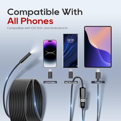 Endoscope Camera with Light, 1920P HD Borescope Inspection Camera with 8 Adjustable LEDs, IP67 Waterproof Semi-Rigid Snake Cable for Android, iPhone, and iPad(Black)