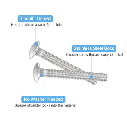 uxcell 1/4-20x2 Carriage Bolt, 10pcs Round Head Square Neck Screws, 304 Stainless Steel, Fully Threaded, Silver - size: 1/4-20x2"
