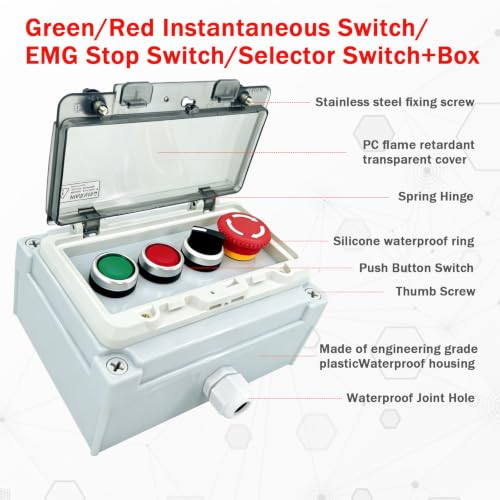 Waterproof Push Button Switch Box, IP67 Rated, Outdoor Industrial Start/Stop Control Box with Protective Cover (Green/Red/2-position knob/Emergency Stop) - color: Green/Red/2-position knob /Emergency Stop