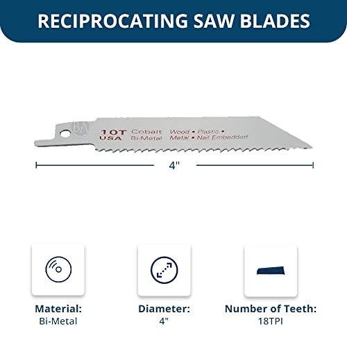 Benchmark Abrasives 4" Bi-Metal Reciprocating Cobalt Saw Blades Set, Flexible 18TPI Saw Blades for Pruning Cutting Wood, Metal, Plastic, Rubber, PVC (10 Pack) (18 TPI) - style: 18 TPI