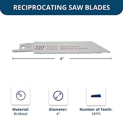 Benchmark Abrasives 4" Bi-Metal Reciprocating Cobalt Saw Blades Set, Flexible 18TPI Saw Blades for Pruning Cutting Wood, Metal, Plastic, Rubber, PVC (10 Pack) (18 TPI) - style: 18 TPI