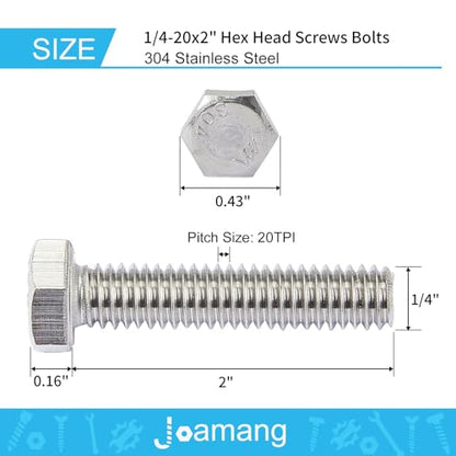 1/4-20 x 2 Hex Head Screws Hexagon Bolts, External Hex Drive, Stainless Steel 304, UNC Coarse Thread, Fully Threaded, Pack of 25 - size: 1/4-20 x 2"(25 PCS)