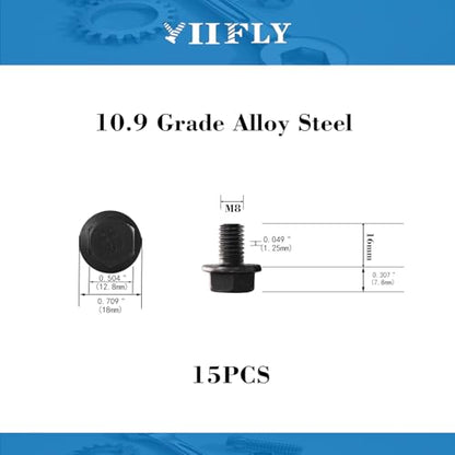 M8 x 16mm Flanged Hex Head Bolts Flange Hexagon Screws, M8x1.25 Bolt,10.9 Grade Alloy Steel, Hexagon Head Bolts, Black Zinc Finish, Full Thread,Quantity 15 - size: M8 x 16mm(15PCS)