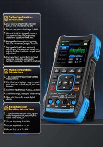 【FNRSI 2C23T Upgraded with Carrying CASE】 3 in1 Oscilloscope/Multimeter/DDS Signal Generator with 2 Channels, Automotive Oscilloscope 10MHz Bandwidth, 50MSa/s Sampling Rate, 10000 Counts, Voltage