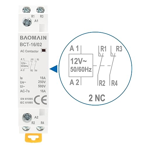 BAOMAIN 12V AC 2-Pole 16A Modular Contactor, 2NC, DIN Rail Mount