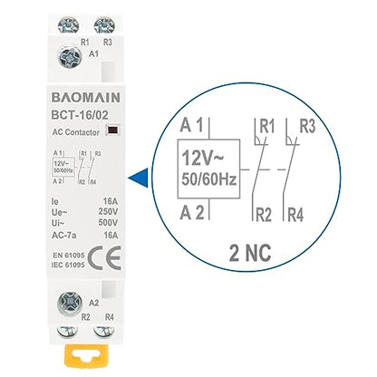 BAOMAIN 12V AC 2-Pole 16A Modular Contactor, 2NC, DIN Rail Mount