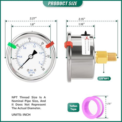 0-30Psi Stainless Steel Dry Low Pressure Gauge 1/8" NPT 2" Dual Scale Dial, Back Mount, Waterproof for Water Oil Air Well Pump, compressors, Tire Gas Pressure Test (with Range Mark Pointer) - size: 0-30Psi, style: Back Mount(1/8"NPT)