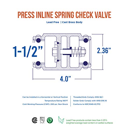 Midline Valve 372S334-5 Inline Spring Loaded Check Valve, Backflow Prevention, Lead Free, 1-1/2 in. Press Connections, Cast Brass (5 Pack) - size: 1-1/2 in., style: 5 Pack
