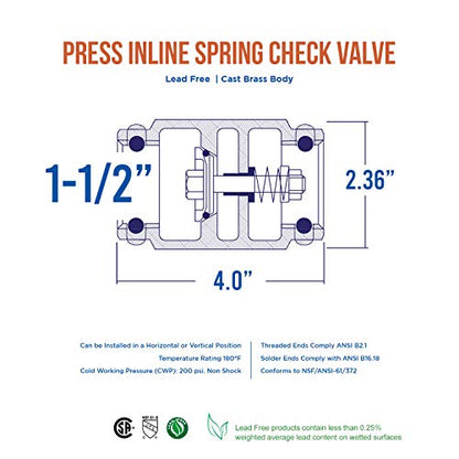 Midline Valve 372S334-5 Inline Spring Loaded Check Valve, Backflow Prevention, Lead Free, 1-1/2 in. Press Connections, Cast Brass (5 Pack) - size: 1-1/2 in., style: 5 Pack