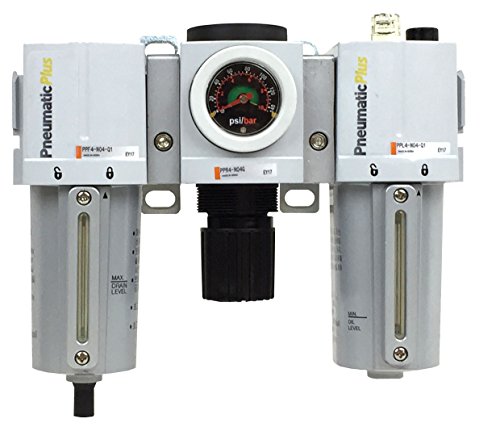 PneumaticPlus PPC4-N04G-Q1 Compressed Air Filter Regulator Lubricator Combo 1/2" NPT, 5 Micron, Metal Bowl, Manual Drain, Embedded Gauge (0-140 PSI)