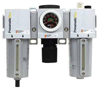 PneumaticPlus PPC4-N04G-Q1 Compressed Air Filter Regulator Lubricator Combo 1/2" NPT, 5 Micron, Metal Bowl, Manual Drain, Embedded Gauge (0-140 PSI)