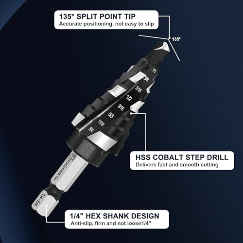 GMTOOLS M35 Four Spiral Flute Cobalt Step Drill Bit, 3/16"-7/8" Wear-Resistant TiAlN Coated Four-Flute Step Bit, 1/4" Hex Shank Unibit Step Bit for Metal, Stainless Steel, Aluminum, Wood, Plastic - style: Four blade 3/16-7/8