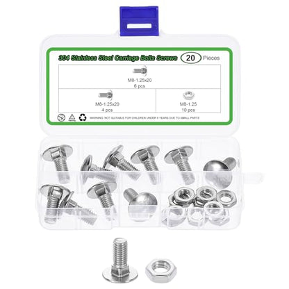uxcell 10 Set Carriage Bolts and Nuts Kit, M8-1.25x20 Stainless Steel 304 Round Head Square Neck Carriage Bolts Screws and Hex Nuts - Silver - size: M8-1.25x20mm