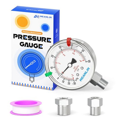 MEANLIN MEASURE -30inHG~60Psi Vacuum Pressure Gauge 316 Stainless Steel Joint 1/4"NPT 2.5"FACE DIAL, Liquid Filled Pressure Gauge WOG Water Oil Air Lower Mount with Stainless Steel Hex Bushing, Snaps - size: -30inHG-60Psi, style: Lower Mount