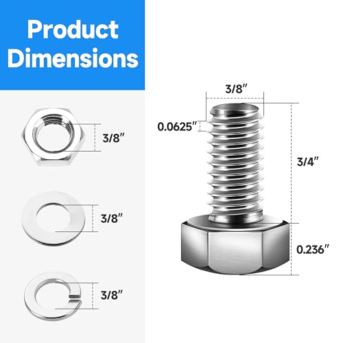 (12 Sets) 3/8 Bolt, 3/8-16 x 3/4" Hex Head Screws, Assorted Screws Nuts and Bolts with Flat & Lock Washers, 304 Stainless Steel 18-8, 3/8 Bolts and Nuts Set by Marysino - color: (Silver)-3/8, size: 3/4"