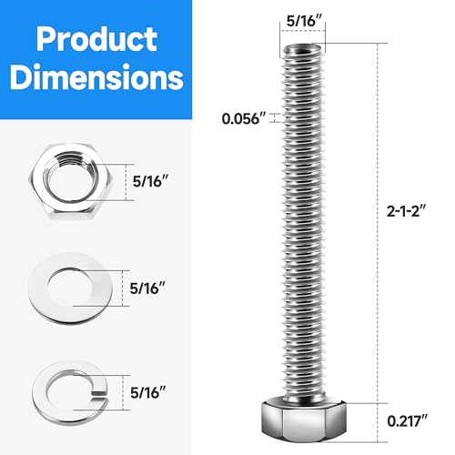 (12 Sets) 5/16 Bolt, 5/16-18 x 2-1/2" Hex Head Screws Nuts and Bolts Kit with 5/16 Stainless Steel Bolts, Nuts Bolts Washers Assortment, Fully Threaded by Marysino - color: (Silver)-5/16, size: 2-1/2"