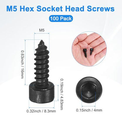M METERXITY 100 Pack Hex Socket Head Screws, M5x16mm Stainless Steel Bolts Full Thread Self Tapping Screws for Furniture Machinery Electrical Appliances [Black] - size: M5x16mm