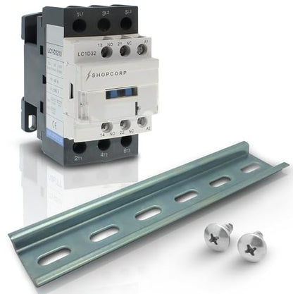 3 pole Contactor 30 Amp Normally Open IEC 660V Switch, Auxiliary 1NO/1NC - 220 / 240VAC Coil Inductive 32A and Resistive 50A, AC Contactor | Includes DIN Rail and Phillips Screws - style: 30A 220V - 1 Pack + Riel
