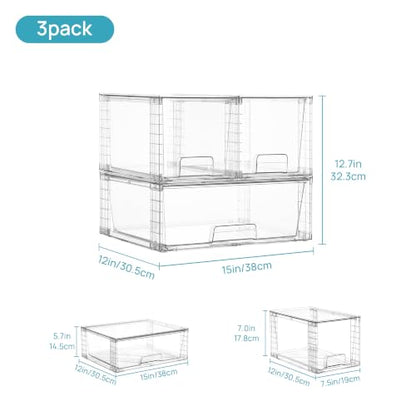 Vtopmart Clear Stackable Storage Drawers, 3 Pack Wide Organizer Set - style: 1 Wide+2 Medium