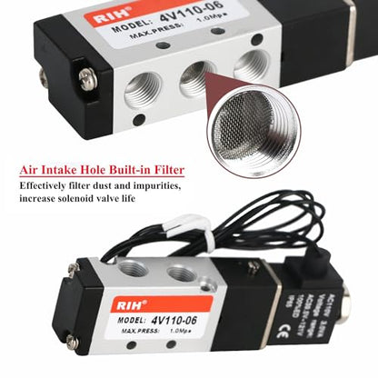 RIH Pneumatics Solenoid Valve 4V110-06 12V/24V/110V Series Single Coil Pilot-Operated Electric 2 Position 5 Way Connection Type (AC110V/Out of line, 1/8"NPT) - size: AC110V/Out of line, style: 1/8"NPT