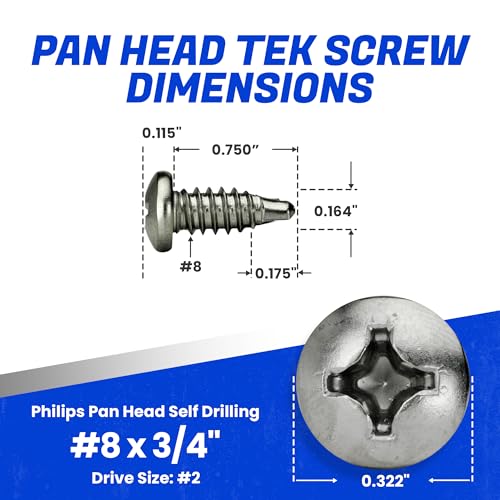 Fastenere Pan Head Self Drilling Tek Screws - #8 x 3/4" (100 Pack) Stainless Steel 410, Full Thread, Bright Plain Finish, Corrosion-Resistant, Self-Drilling, Easy to Install w/Phillips Drive Size #2 - size: #8 x 3/4" (100 Pack)