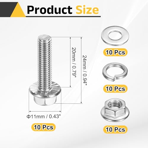 uxcell M5 x 20mm Phillips Flanged Hex Head Bolts, 10Pcs 304 Stainless Steel Flange Hexagon Screws with Nuts, Flat & Lock Washers, Fully Threaded, for Machinery Industry Home, Silver - color: Silver, size: M5 x 20mm