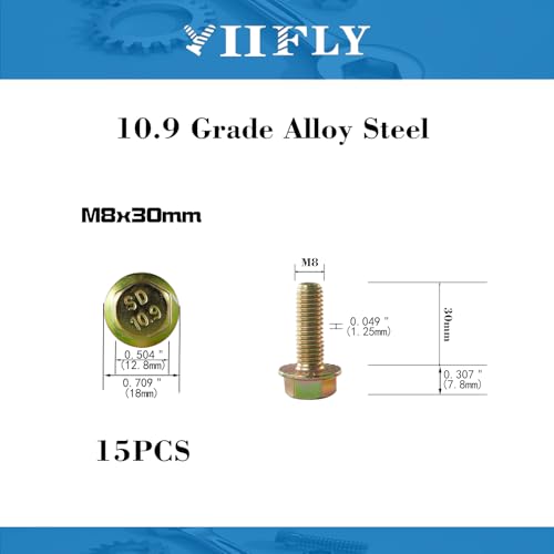 M8 x 30mm Flanged Hex Head Bolts, M8x1.25 Pitch, Grade 10.9 Alloy Steel, Color Zinc Plated, Full Thread, 15 Pack - size: M8 x 30mm(15PCS)