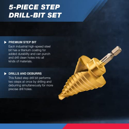 NEIKO 10173A Step Drill Bit Set for Metal and Wood, 5 Piece SAE, Spiral Grooved for Faster Drilling, Step Bits with 50 Total Step Sizes, Titanium Coated Unibits - size: 5pc (1/8 - 1-3/8", 50S), style: Spiral