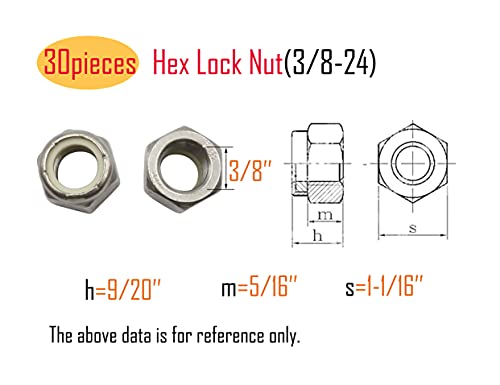 LBY 30pcs Lock Nuts, 3/8-24 Nylon Insert Hex Lock Nuts, 304 Stainless Steel (Silver) - size: 3/8-24