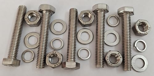 1/2” 304 Stainless Steel Hex Head Screw Bolts and Nuts Kit, Hex Nuts with Spring & Plain Washer for Bolts (Set of 5, 1/2" X 3") - size: 1/2" X 3"