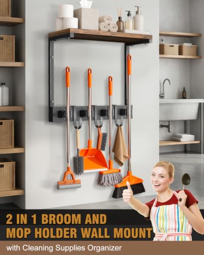 Supforce Small Broom Holder Wall Mount with Shelf, 4 Slots 3 Hooks - color: Black, size: Small