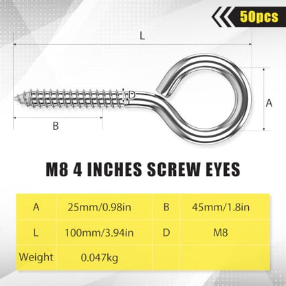 50 Pcs 304 Stainless Steel Screw Eye Hooks, M8-4 Inch - size: M8-4 Inch