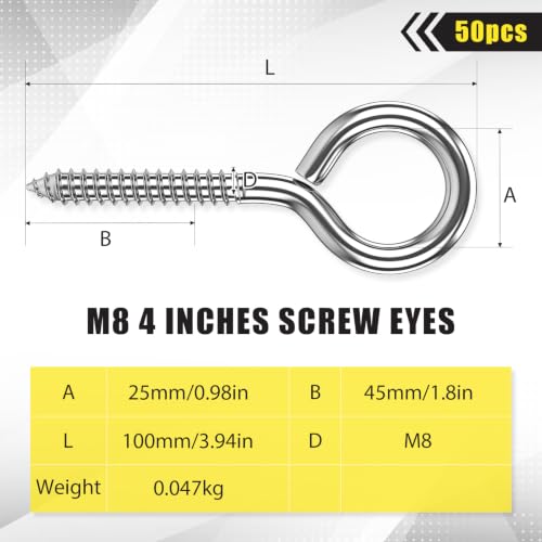 50 Pcs 304 Stainless Steel Screw Eye Hooks, M8-4 Inch - size: M8-4 Inch