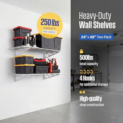 SafeRacks Steel Garage Wall Shelves 2-Pk w/Hooks, 500lb, White (24x48) - color: White, size: 24"x48" (2-Pack)