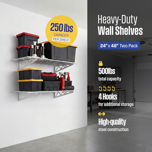 SafeRacks Steel Garage Wall Shelves 2-Pk w/Hooks, 500lb, White (24x48) - color: White, size: 24"x48" (2-Pack)