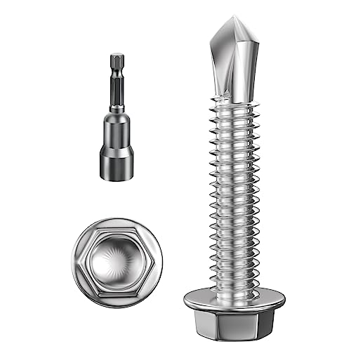 Wensilon (200Pcs)#10×1-1/4" Hex Washer Head Self Drilling Screws, 410 Stainless Steel Metal SheetScrews，TEK Screws, Sheet Metal Self Tapping Screws - color: Silver, size: #10x1-1/4"