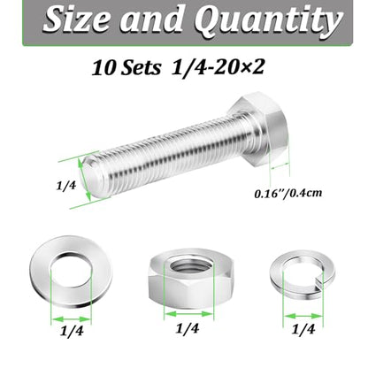 10 Sets 1/4-20 x 2 Stainless Steel Hex Head Screws Bolts, Flat, Nuts & Lock Washers,Hex Bolts 18-8(304) Full Thread - color: Silver-hex, size: 1/4-20x2"(10 sets)