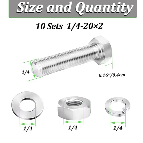10 Sets 1/4-20 x 2 Stainless Steel Hex Head Screws Bolts, Flat, Nuts & Lock Washers,Hex Bolts 18-8(304) Full Thread - color: Silver-hex, size: 1/4-20x2"(10 sets)